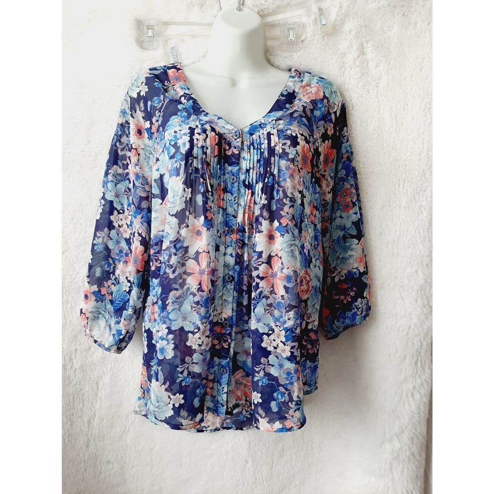 Lauren conrad medium sheer floral blue pink button front blouse